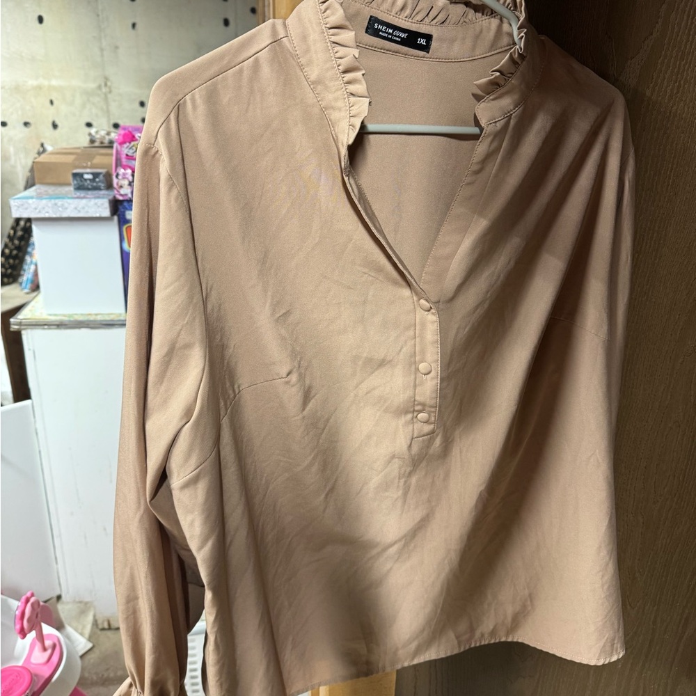 Beige Ruffle Neck and sleeve Blouse